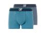 Twee katoenen boxershorts, één turquoise blauw en één grijs, met elastische taillebanden met logo.