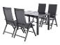Donkergrijze tuinset met tafel en vier opvouwbare stoelen.