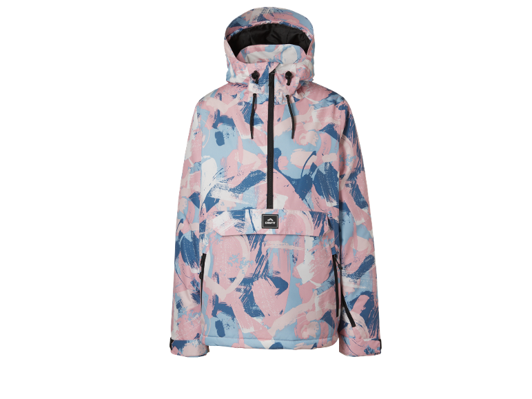 Anorakjas met capuchon in roze, blauw en wit penseelstreekpatroon.