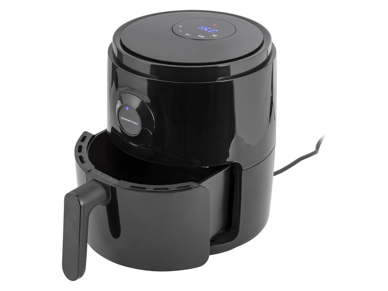 Een zwarte Gourmetmaxx airfryer met een open deksel.