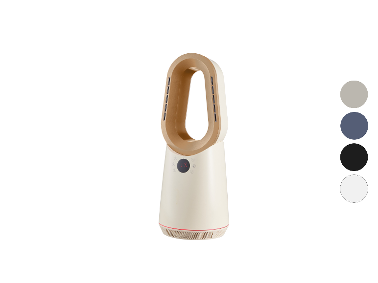 Crèmekleurige en gouden bladeless ventilator met digitaal display en kleuropties.