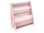 Roze kinderboekenrek met stoffen planken en bosdiermotief.