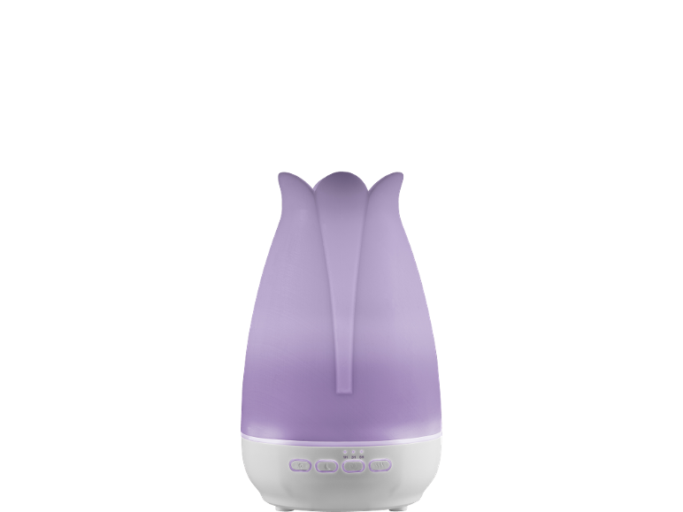 Paarse tulpvormige aromadiffuser met bedieningsknoppen voor licht en nevel.
