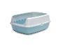 Blauw-witte plastic kattenbak met hoge rand