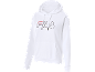 Witte hoodie met zwart en rood tekstlogo, kangoeroezak en trekkoord.