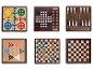 Zes houten bordspellen, waaronder Ludo, Backgammon en schaken.