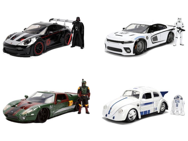 Vier speelgoedauto's met Star Wars-figuren: Darth Vader, Boba Fett, Stormtrooper en R2-D2.