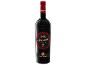 Fles rode wijn met een zwart-rood etiket, gouden tekst.