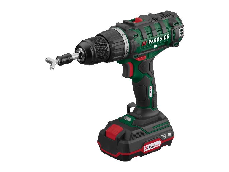 Een groene Parkside schroevendraaier met een X20V TEAM-batterij.