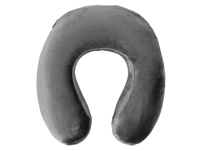 Donkergrijze, fluwelen reis kussen.