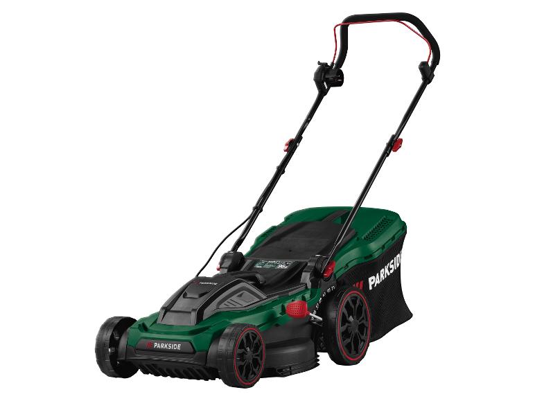 PARKSIDE grasmaaier in groen en zwart met rode details.