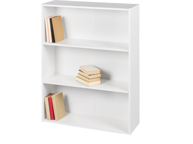 Witte boekenkast met drie planken, met boeken op elke plank.