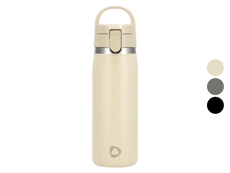 Beige thermosfles met drukknopdeksel en handvat, met grijze en zwarte kleuropties.