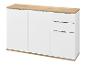 Wit dressoir met drie deuren en drie laden, met hout-effect blad en onderstel.