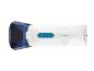 Witte en blauwe handstofzuiger met bedieningsknoppen en logo.