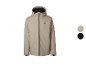 Beige herenjas met capuchon en zwarte rits, met twee kleurvarianten.
