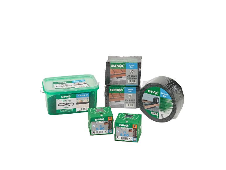 Assortiment terrasbenodigdheden, waaronder bevestigingsmiddelen, pads en tape.