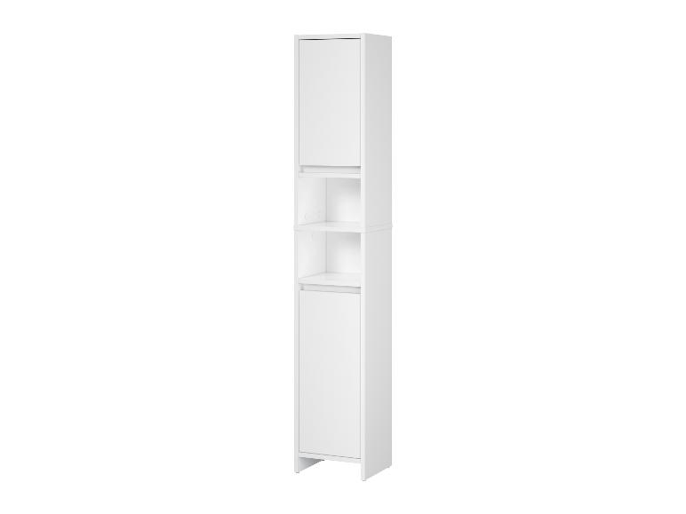 Witte hoge badkamerkast met deuren en open planken voor opslag.