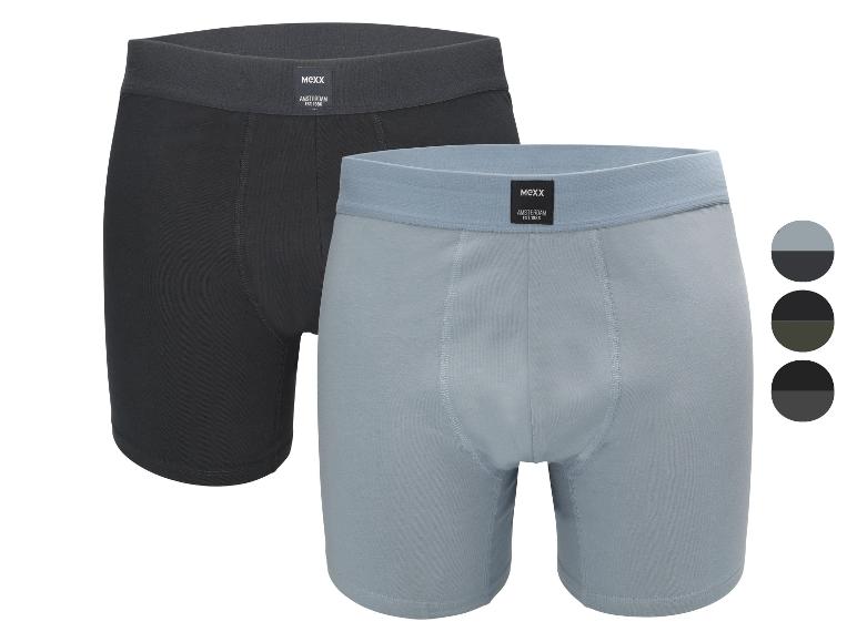 Set van twee herenboxers, één donkergrijs en één lichtblauw, met contrasterende taillebanden.
