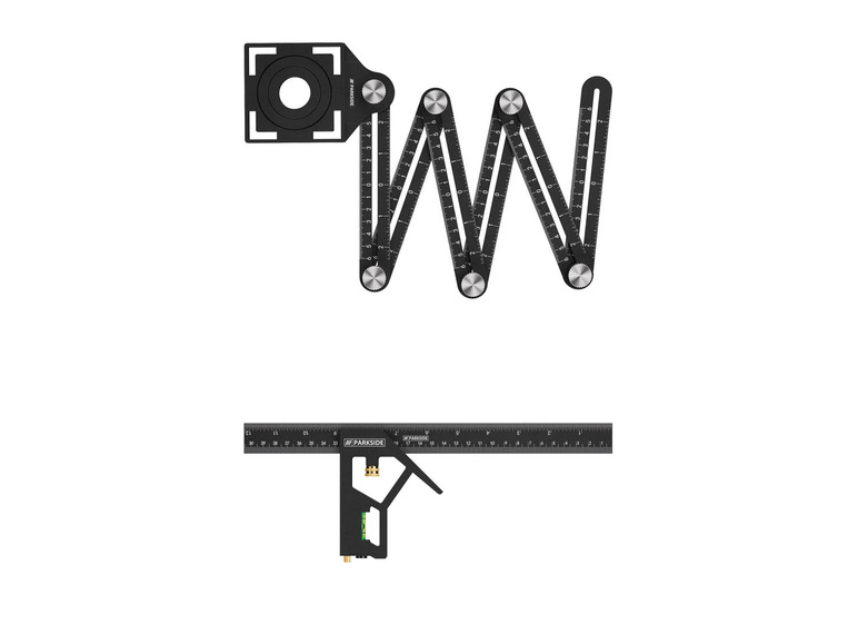 Een zwarte vouwmeter en een zwarte winkelhaak met waterpas van Parkside.