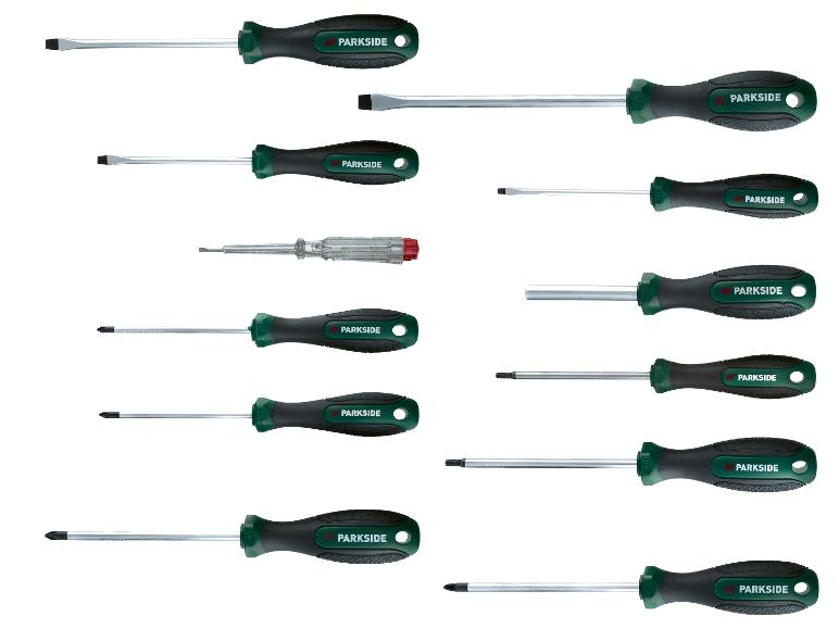 Parkside schroevendraaierset met ergonomische handvatten en spanningstester.
