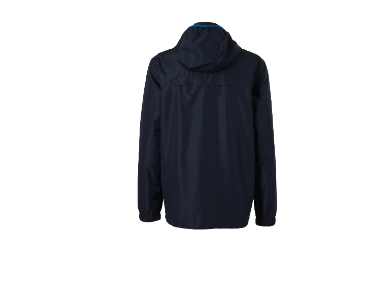 Donkerblauw sportjack met capuchon.