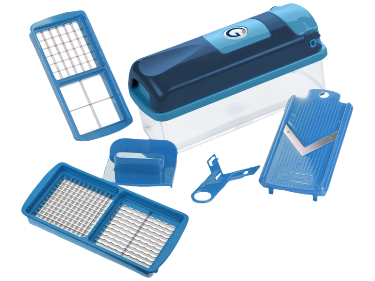 Blauwe keukengerei set, inclusief een hakmolen, mandoline en verwisselbare messen.