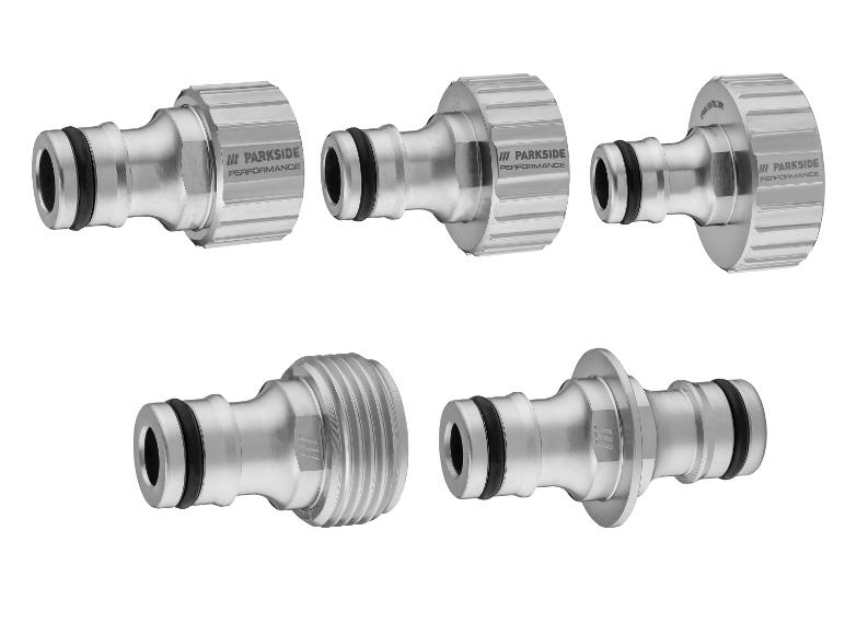 Set van vijf zilverkleurige metalen Parkside Performance slangkoppelingen.