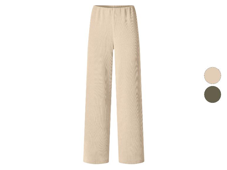 Beige geribbelde gebreide broek met elastische tailleband, met beige en olijfgroene kleuropties.