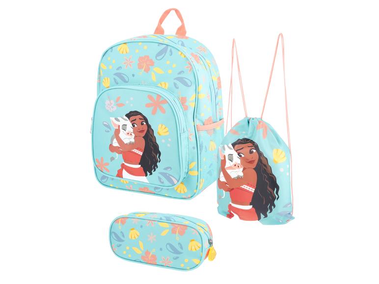 Moana rugzak, trekkoordtas en etui met turquoise bloemenprint.