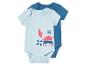 Baby rompertjes: lichtblauw met krabprint, effen donkerblauw.