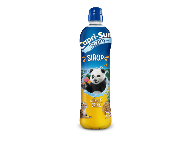 Suikervrije siroop Jungle Drink in een fles met panda-illustratie, goed voor 6 liter