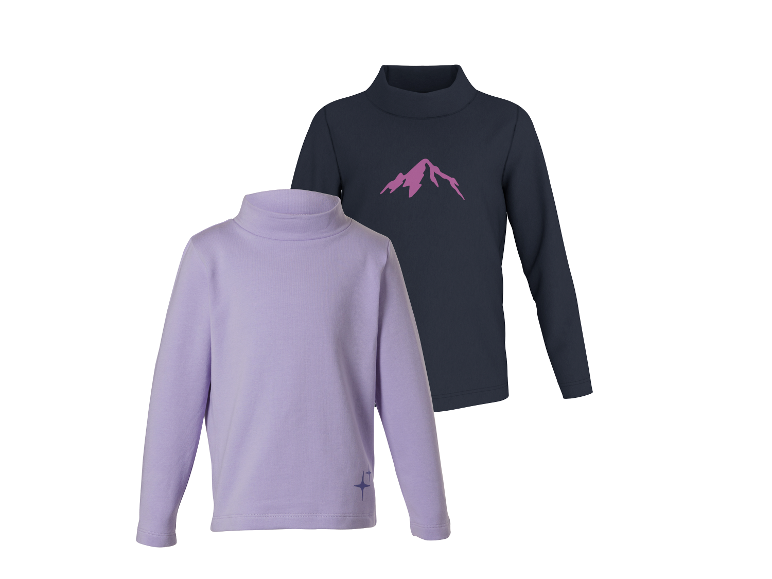 Twee coltruien met lange mouwen, één paars met een ster, één marineblauw met een roze berg.