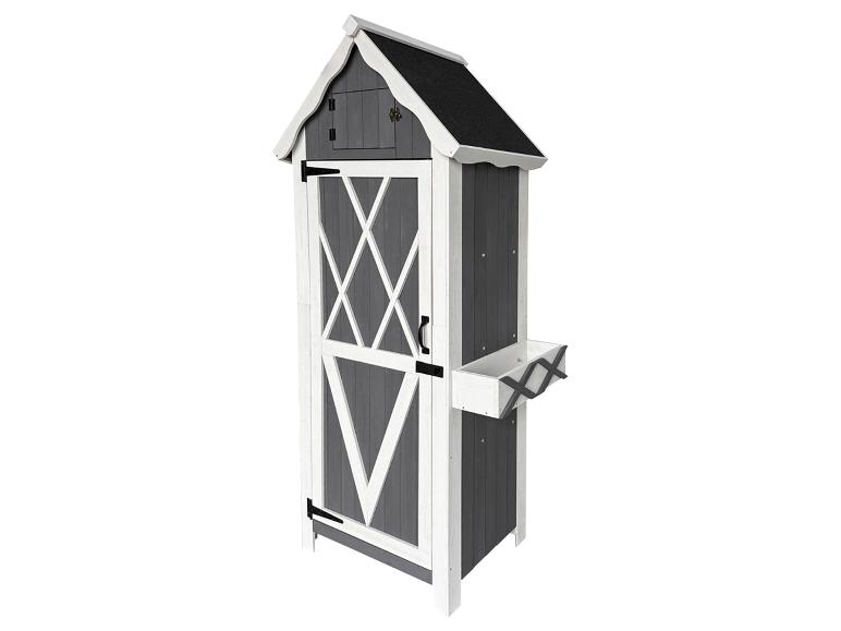 Grijze en witte houten tuinschuur met plantenbak, schuurdeuren en een zwart dak.