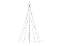 Verlichte kegelvormige kerstboom met veelkleurige LED-lampjes en ster als piek.