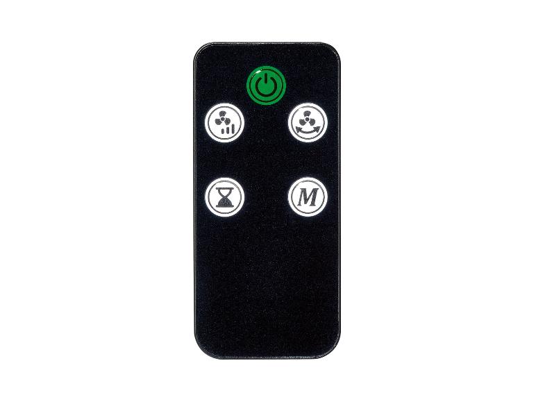 Zwarte afstandsbediening voor ventilator: snelheidsregeling, oscillatie en timer.