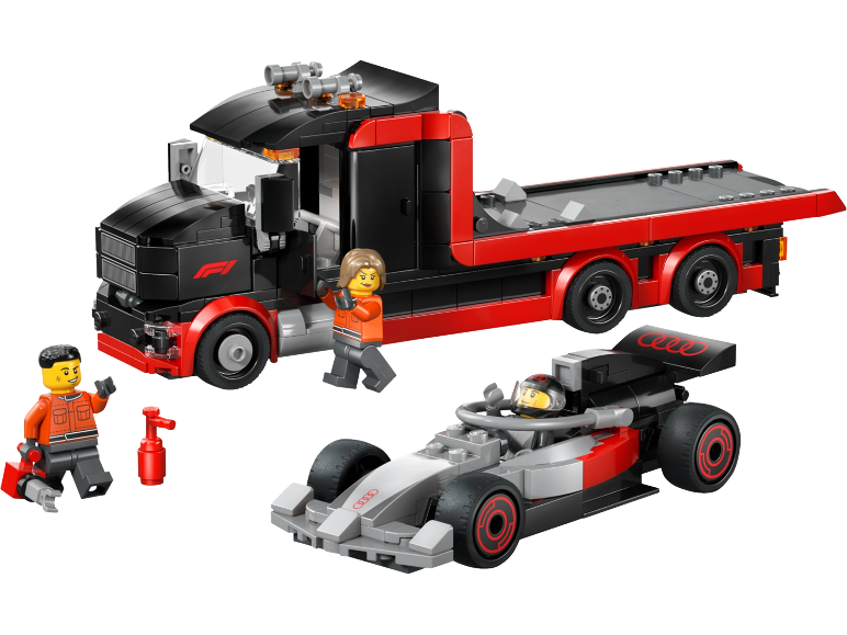 Speelgoedvrachtwagen en raceauto met twee minifiguren, één houdt een moersleutel vast.