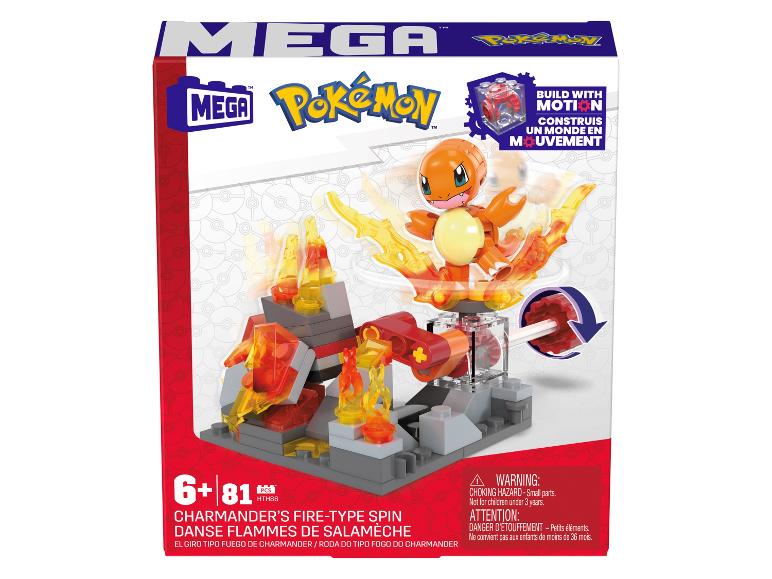 Mega Bloks Pokémon set met Charmander die draait op een vuurbasis.