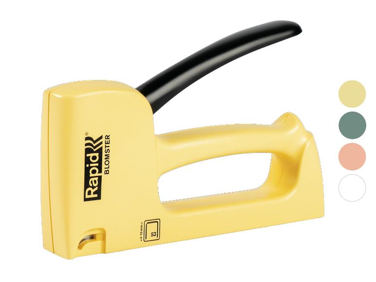 Gele LIVARNO® R53 handtacker met zwart handvat en merklogo.