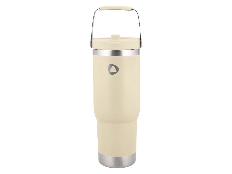 Beige thermosfles met handvat en zilveren onderkant, met donker driehoekig logo