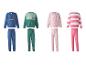 Kinder trainingspakken met sweatshirts en broeken, in blauw, groen en roze.