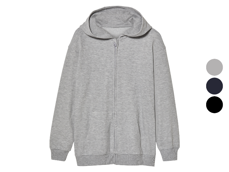 Grijze hoodie met rits, verkrijgbaar in grijs, zwart en donkergrijs.