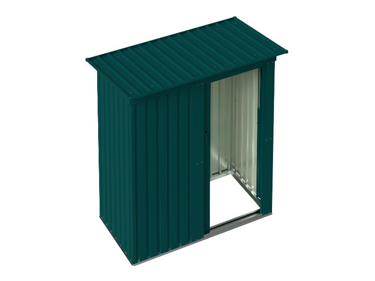 Groene metalen tuinschuur met open schuifdeur