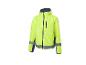 High-visibility gele jas met reflecterende strepen en donkerblauwe accenten