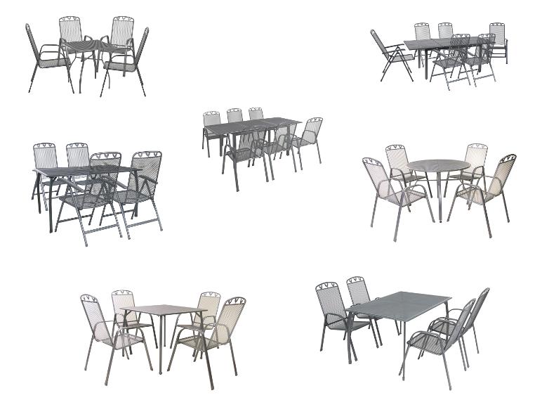 Tuinmeubelsets van metaalgaas in diverse configuraties.