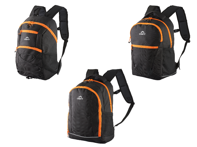 Drie zwarte Crivit rugzakken met oranje details.
