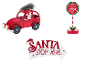 Kerstdecoraties: rode auto met kerstboom en kerstman, 'Santa Please Stop Here'-bord en 'Santa Stop Here'-pijl.