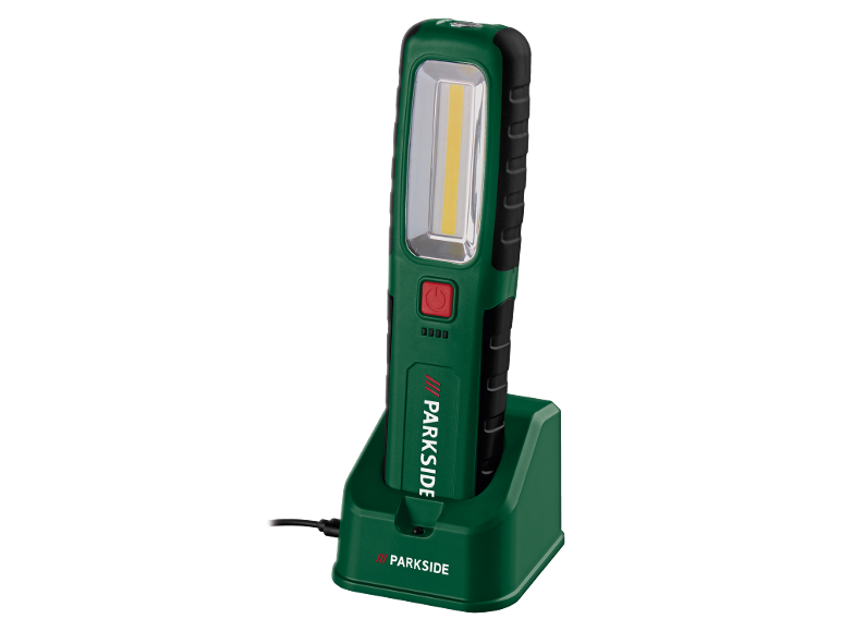 Oplaadbare LED-werklamp in een oplaadstation, groen en zwart.