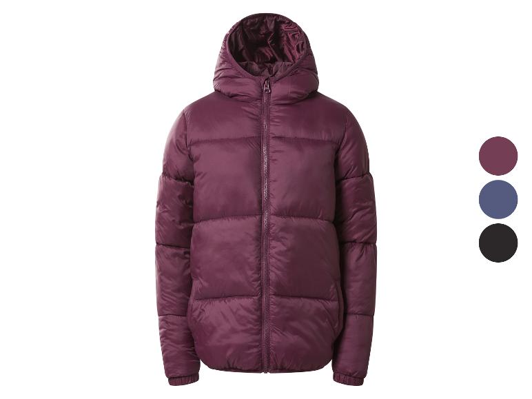 Paarse gewatteerde jas met capuchon, met kleuropties: paars, blauw en zwart.