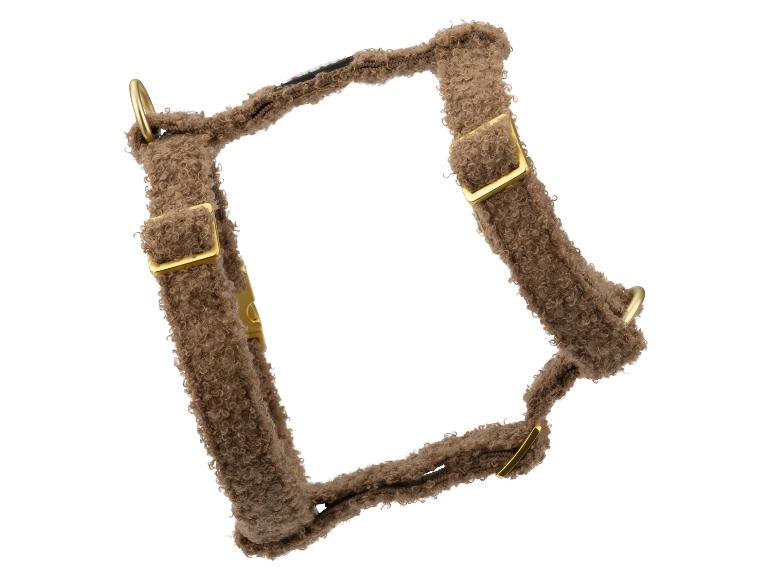 Bruin pluizig hondentuigje met gouden metalen accenten.
